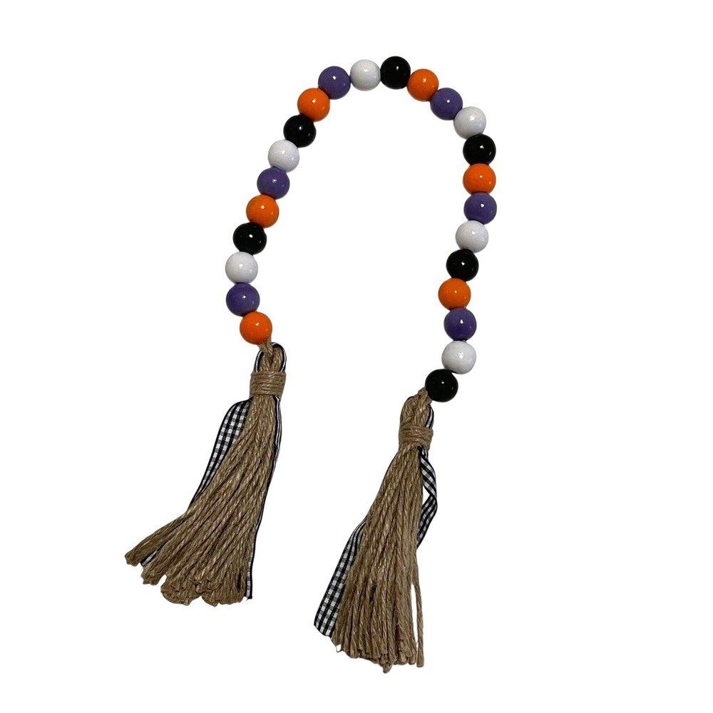 Wood Bead Garland Orange Purple Black White‎ Jute Tassel Gingham Decor